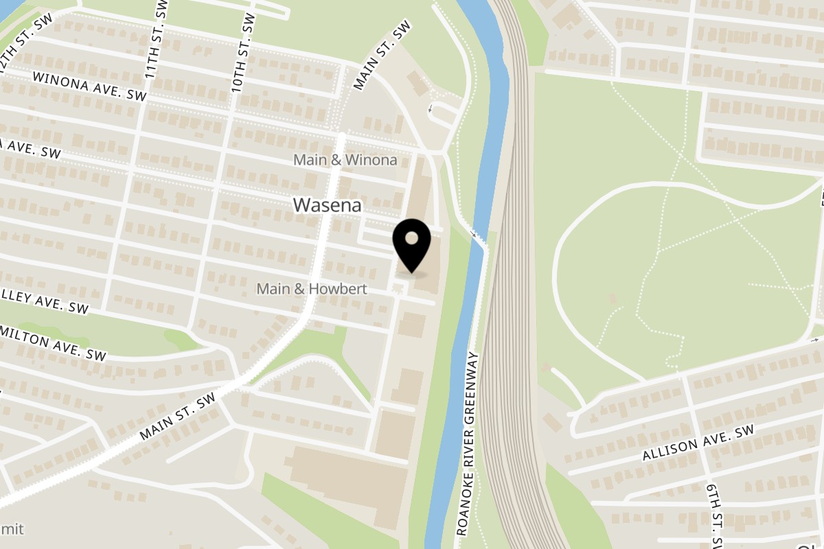 Map showing the location of Wasena City Tap Room & Grill on 806 Wasena Ave SW in Roanoke